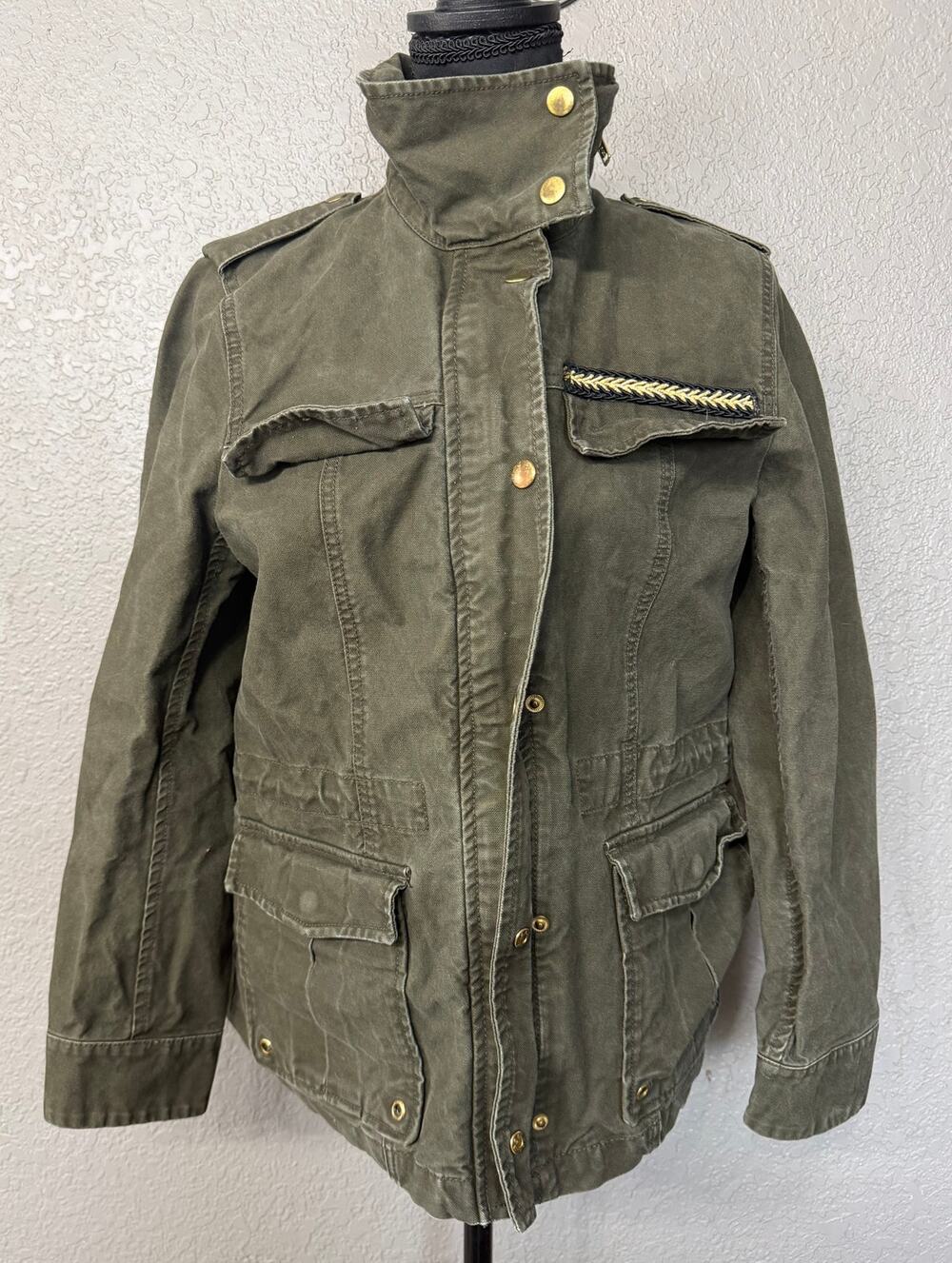H&M Womens Sz 8 Army Green Military Jacket Coat Y2K Zip Button Up
